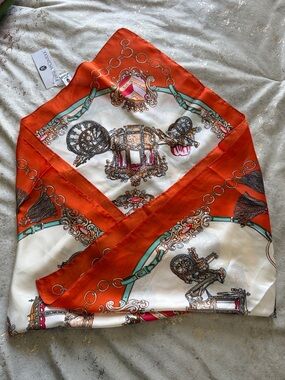 Jessica McClintock Orange, White & Teal Decorative Silk-Feel Scarf
